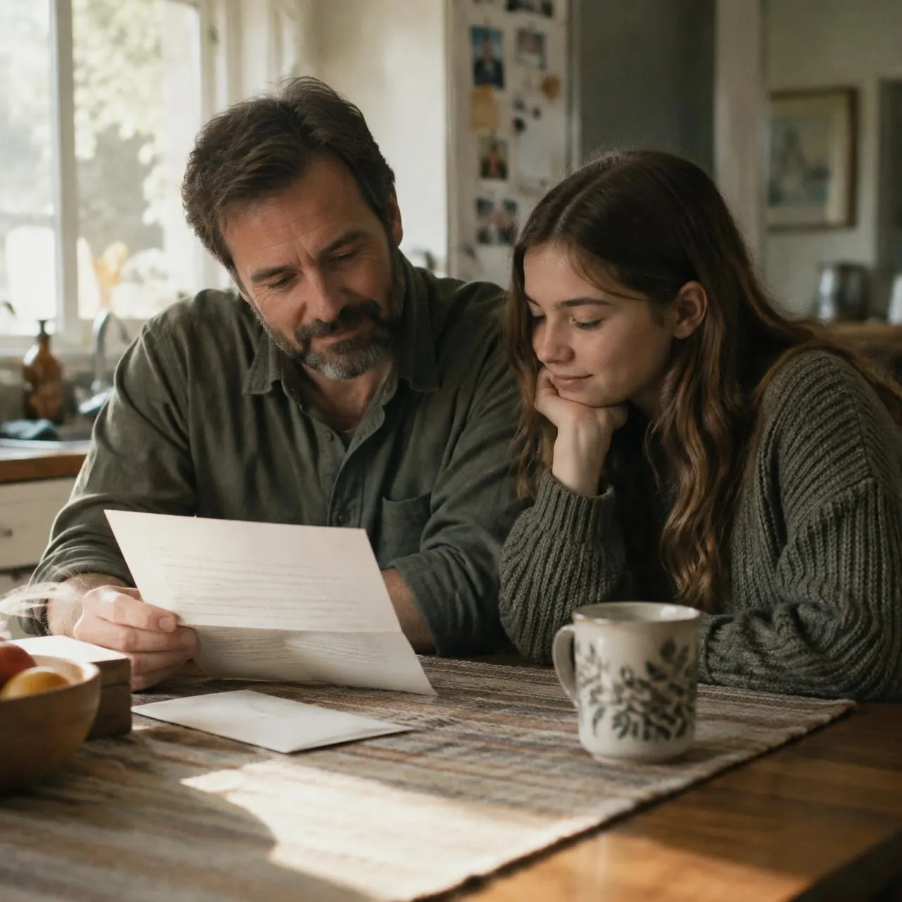 Father and daughter reading a letter at the kitchen table